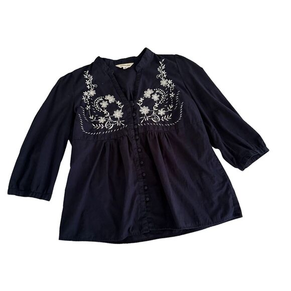 St. John's Bay Tops - St John's Bay Women's Top L Dk Blue Boho Embroidered Cotton Button Down Peasant